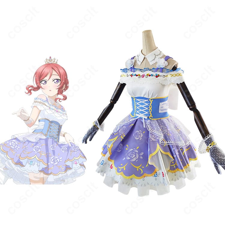 西木野真姫 ロイヤルプリンセス編「香りの思い出」衣装の正面とキャラ比較。胸元装飾と配色、背面リボン基部の形状まで再現。