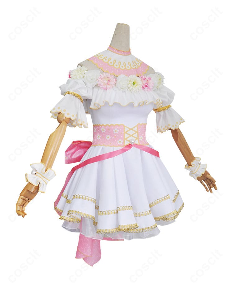 西木野真姫コスプレ衣装の側面。つぼみ開きから大輪の花へつながる装飾のレイヤーとスカートラインを示す画像