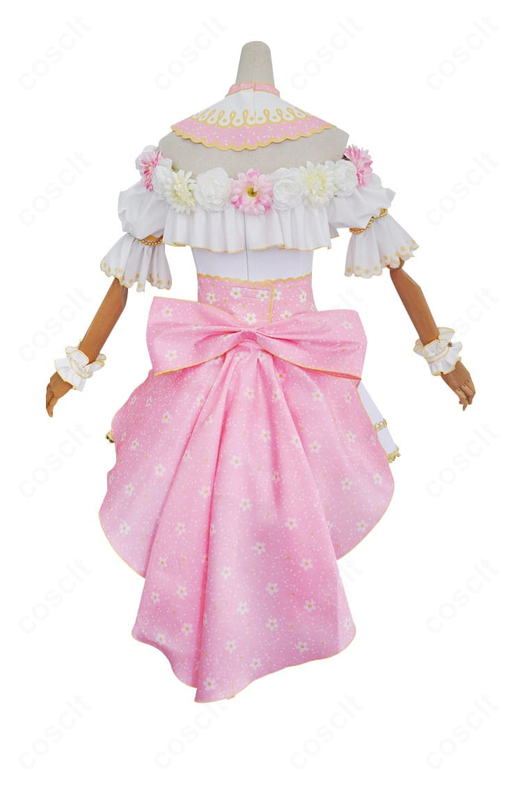 西木野真姫コスプレ衣装の背面図。背面ファスナーとリボン装飾、スカート裾のデザインバランスがわかる画像