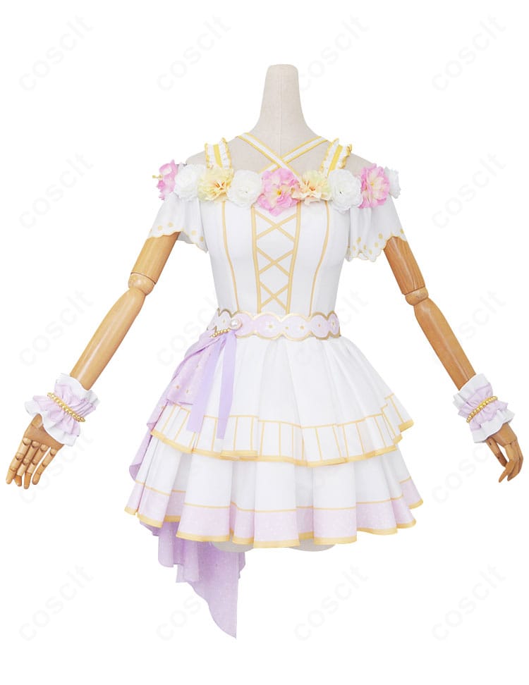 正面ディテール：東條希 フラワーフェスティバル編「花の女神」コスプレ衣装のフロント意匠と配色、装飾配置を鮮明に表示