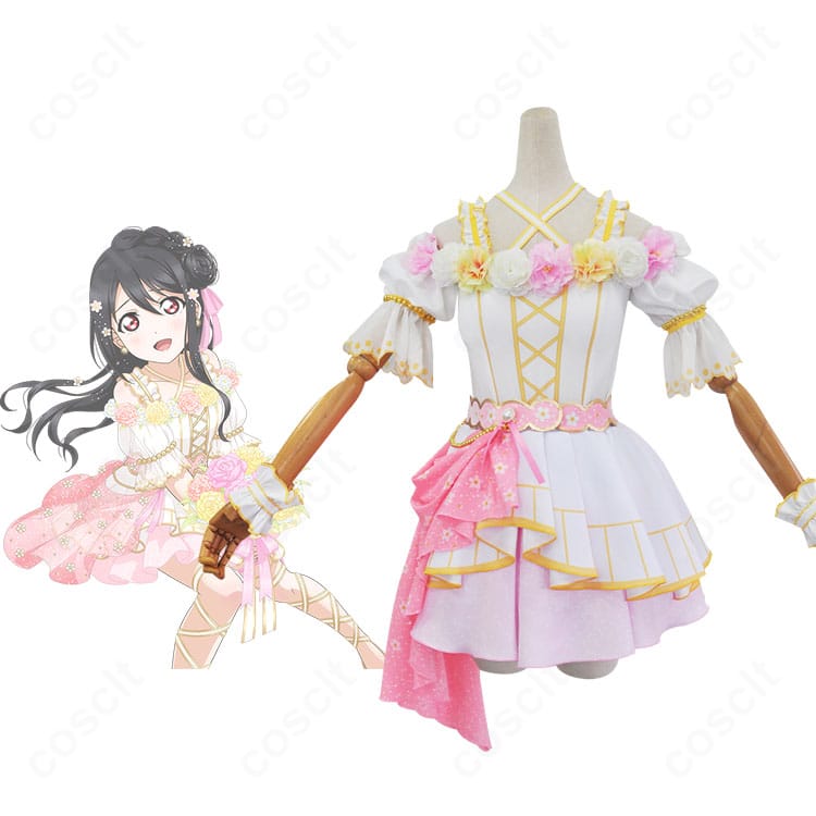 ラブライブ！スクフェス 矢澤にこ フラワーフェスティバル編衣装の正面全体とキャラクター参照画像。花柄刺繍とビーズが映えるアイドルコスチューム。