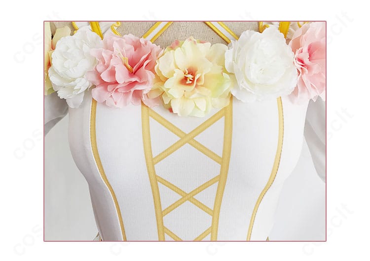 フラワーフェスティバル編コスプレ衣装の装飾ディテール。刺繍風の花柄と縁取り、パーツの質感が分かるクローズアップ。