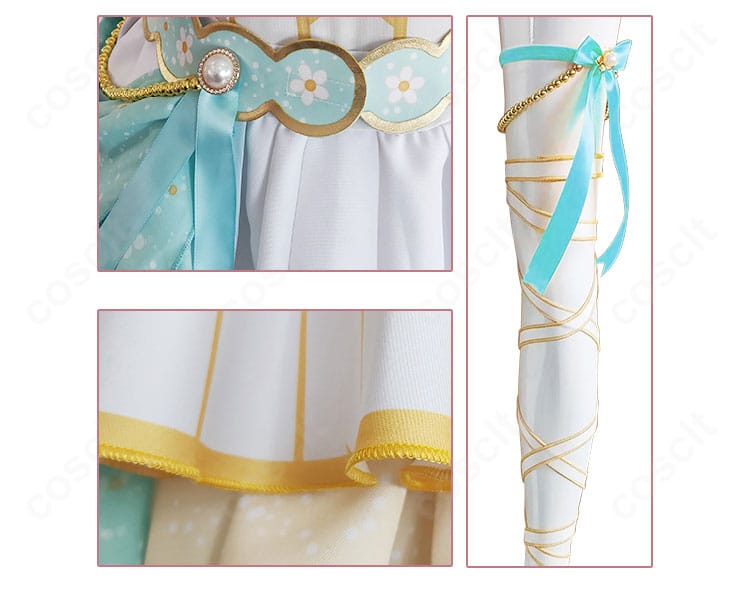 絢瀬絵里コスプレ衣装の腰飾り・スカート・太もも飾りの接写。装飾の配置バランスと色合わせを詳細に撮影。