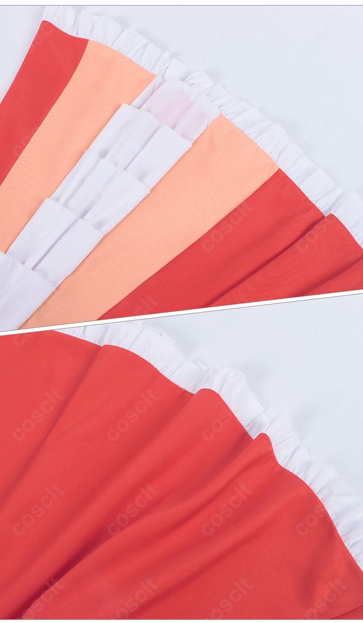 スカート装飾の詳細。裾ラインの整いと生地の軽やかなドレープ感で、撮影時の見栄えを強調。