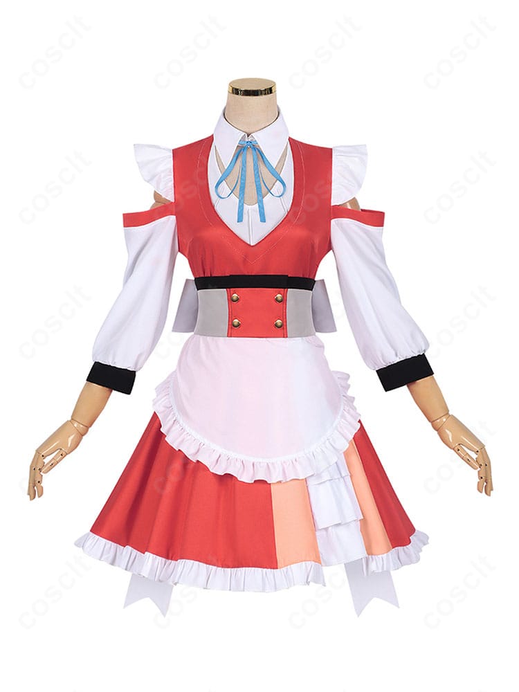 マリア コスプレ衣装の正面全体像。清楚なワンピースに白エプロンを重ねたクラシカルなシルエットを明瞭に確認。