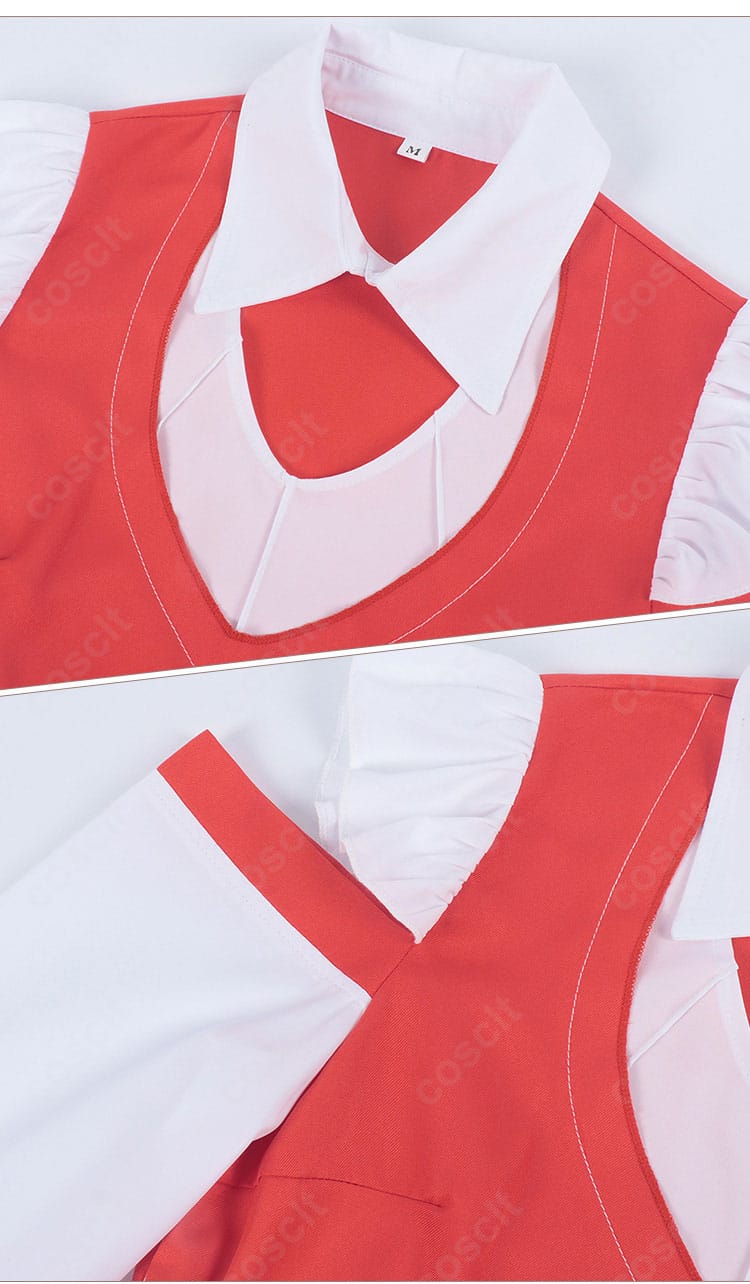 襟と袖の装飾ディテール。端正な襟元と袖口の縁取りが清楚さを演出し、丁寧な縫製が見えるアップ。