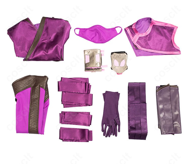 ミレーナ(MK11)コスプレのセット内容一式。ズボン、トップス、リストバンド、手袋、ショール、マスク、コルセットベルト、レッグカバー、リボン