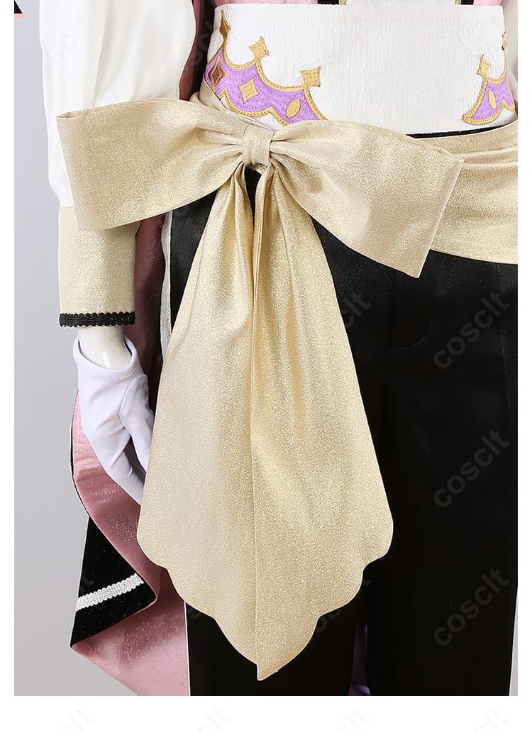 腰飾りの細部|帯と紐飾り、コルセットベルトの質感と留め具の構造が分かる接写。結び風ディテールで着脱しやすい設計。