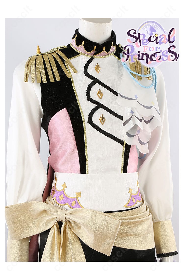 装飾ディテール接写|冴霧笑主・名都神無・花群冬芽・宝丈萩香の衣装モチーフを再現した胸元刺繍と金色パーツ、手袋装飾の質感。