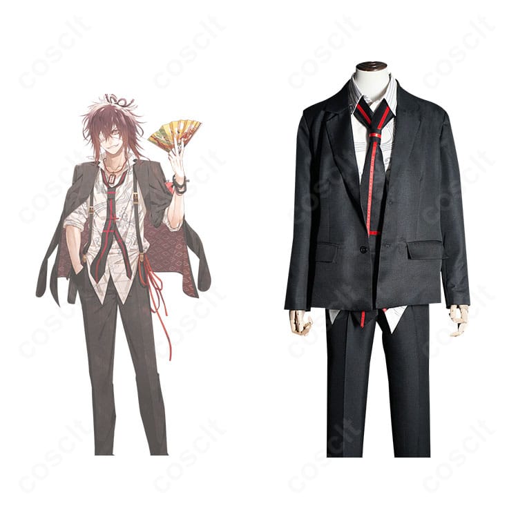 榎本峰雄のキャラクターと並んだ正面全身。落ち着いた色味のロングコートとネクタイ、紐飾りまで高再現のコスプレ衣装。