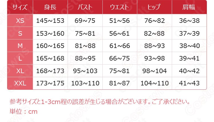 癒月ちょこ コスプレ衣装のサイズガイド画像。S〜XXLの寸法目安を一覧で表示