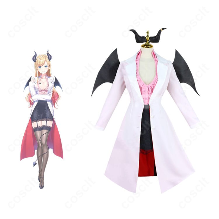 癒月ちょこ 通常衣装コスプレの正面全身。白衣コートと角・翼・尻尾でキャラクターの魅力を高再現