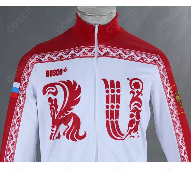 ヴィクトル・ニキフォロフ衣装の襟元装飾クローズアップ。精密な刺繍とパイピングの仕上げが見える画像。