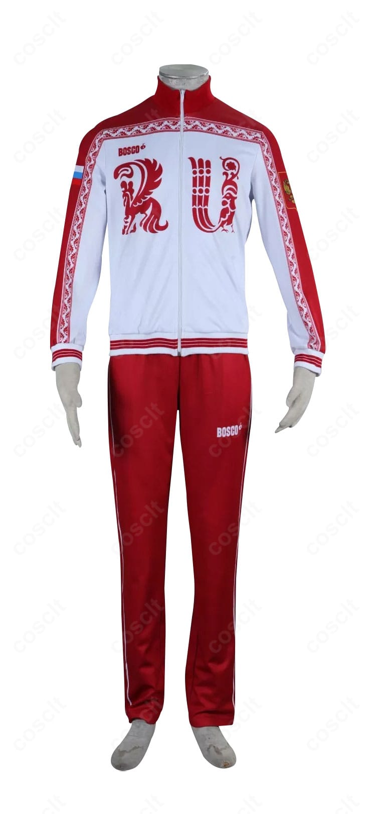 ヴィクトル・ニキフォロフ衣装の正面ディテール。襟元から裾までの配色とロゴ配置、フロントジップの質感が分かる画像。