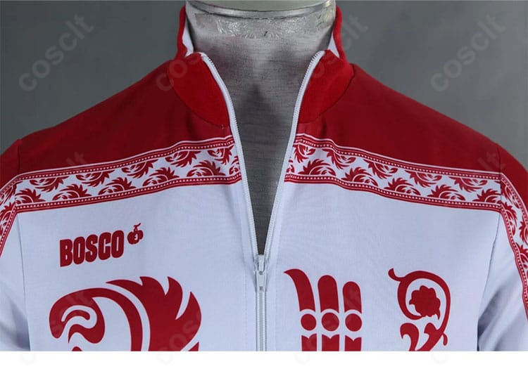 ヴィクトル・ニキフォロフ衣装のネック周り装飾詳細。アニメ準拠の配色再現とステッチワークを示す画像。