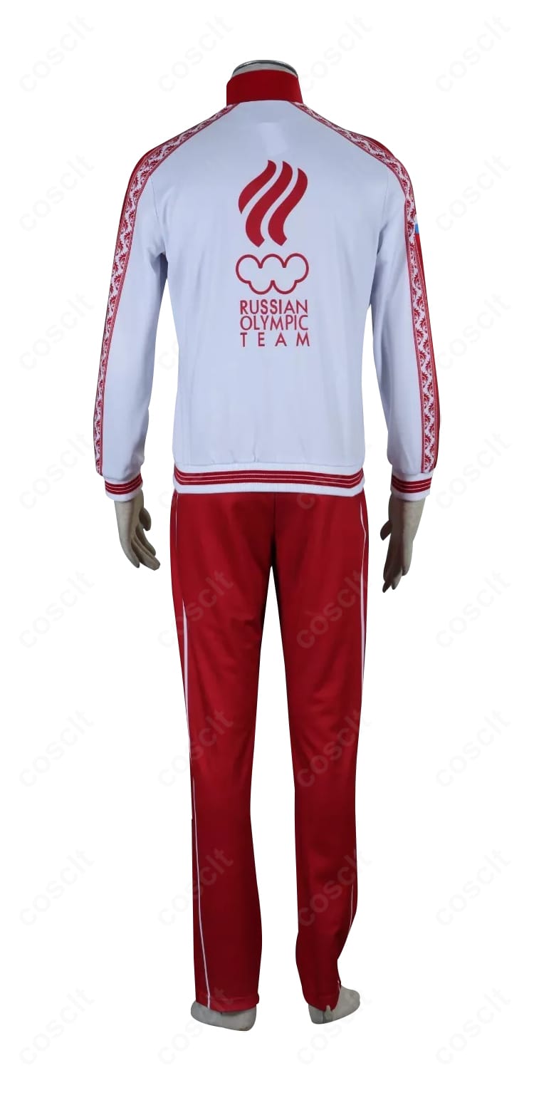 ヴィクトル・ニキフォロフ衣装の背面。背中の配色ブロッキングとロゴ位置、裾のライン取りが分かる画像。