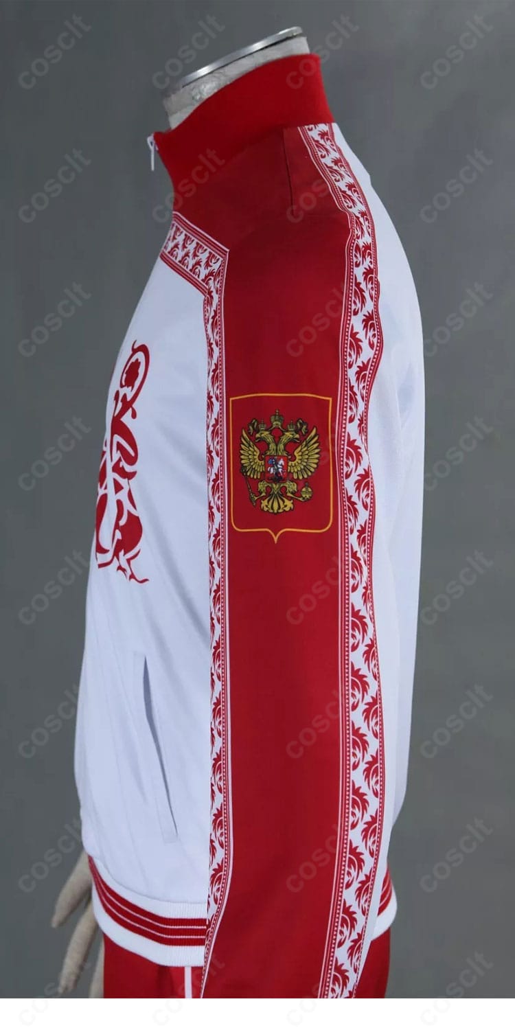 ヴィクトル・ニキフォロフ衣装の肩〜袖ディテール。切り替えラインとロゴ位置の精度、布地の質感が伝わる画像。