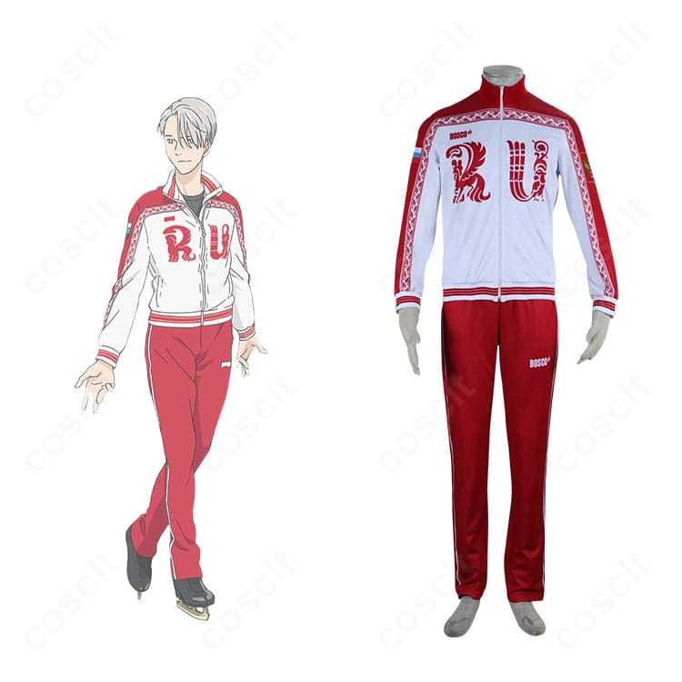 ヴィクトル・ニキフォロフの代表ジャージ衣装とキャラクター立ち絵の比較。ユーリ!!! on ICEの雰囲気を忠実に再現した正面カット。