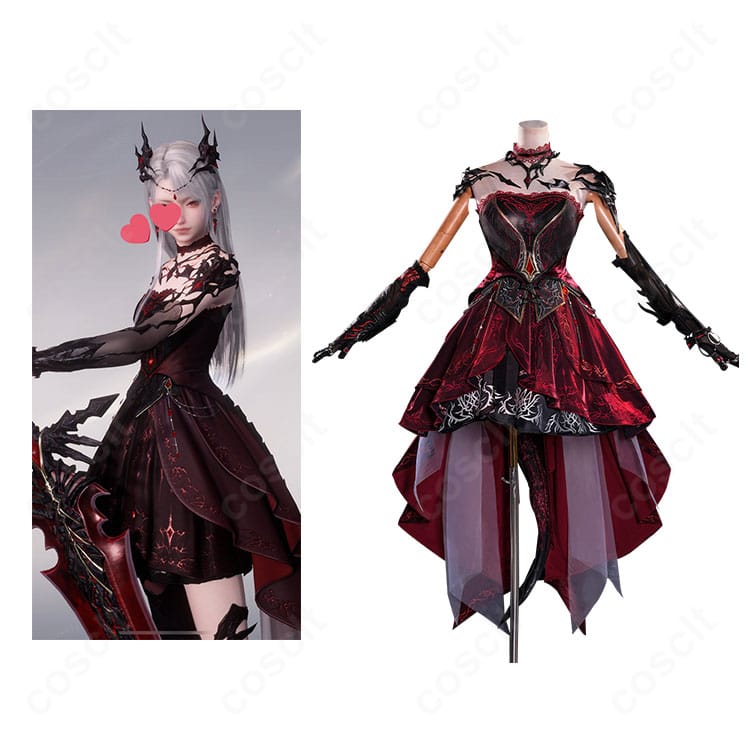 恋と深空 プレイヤーアバター「深紅の熱情」衣装の全身とビジュアル再現を示す正面画像。赤基調の豪華装飾とシルエットが分かる。