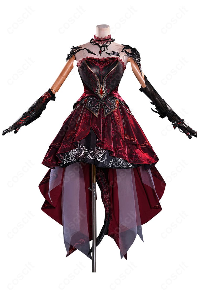 恋と深空 深紅の熱情コスプレ衣装の正面ディテール。胸元からウエストのライン、装飾配置、フィット感を強調したカット。