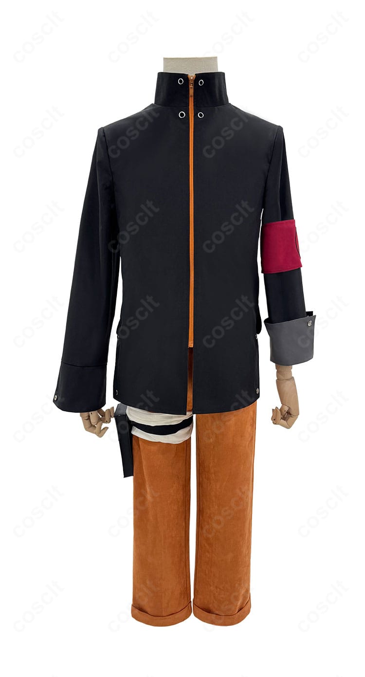 うずまきナルト コスプレ衣装の正面全体像。オレンジ×ブラックのコートとパンツ、シルエットがわかる画像。