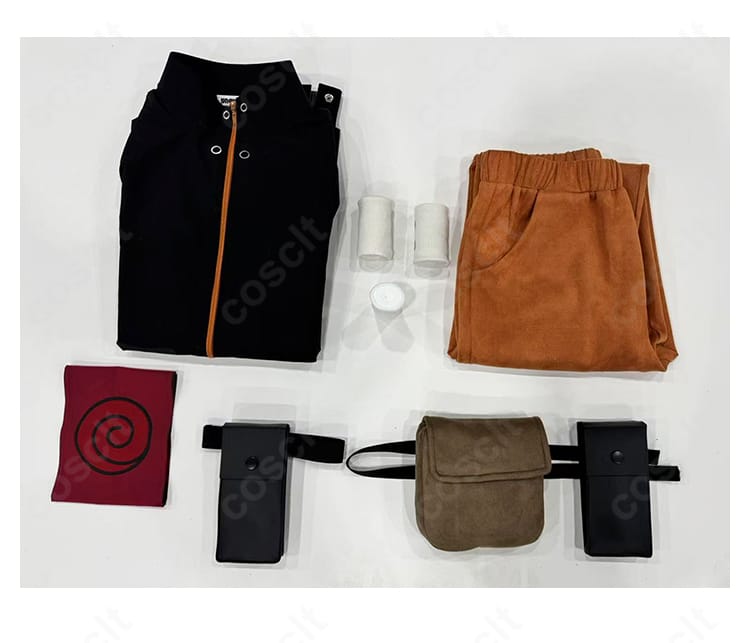 うずまきナルト コスプレ衣装セット内容一式。コート、ズボン、包帯、太もも飾り、腕章、ウエストポーチが並んだ画像。