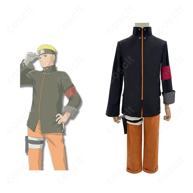 うずまきナルトのコスプレ衣装を正面からとキャラクター合成で比較した画像。袖のうずまき紋や配色まで高再現。