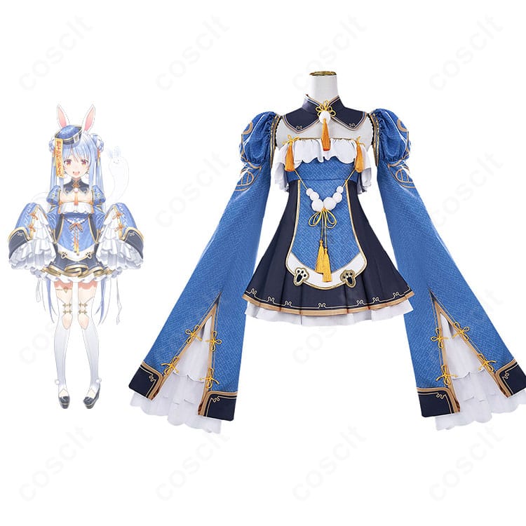 兎田ぺこら ペキョンシー衣装の全身とキャライメージを並べたカット。シルエットと配色を高再現で確認できます。