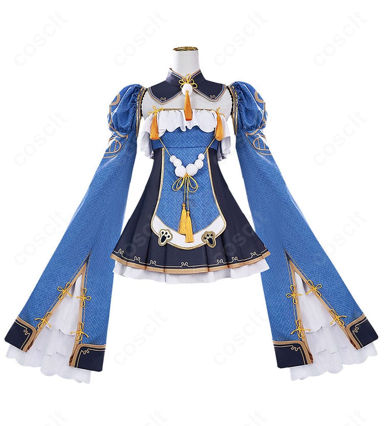 兎田ぺこら ペキョンシー コスプレの正面全体。つけ襟とウエスト装飾、フリンジの配置がわかるアングル。