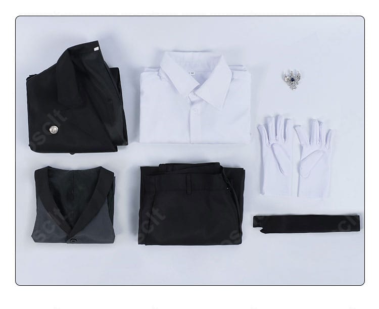 セット内容一覧。コート、シャツ、ベスト、ズボン、ネクタイ、手袋、胸飾りが一目で分かるフルセット表示。