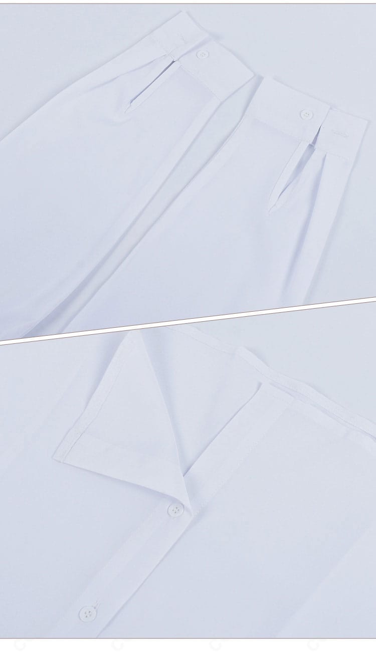 シャツのディテール接写。襟の形状、カフスの仕立て、ステッチワークが分かるセバスチャン用ホワイトシャツ。