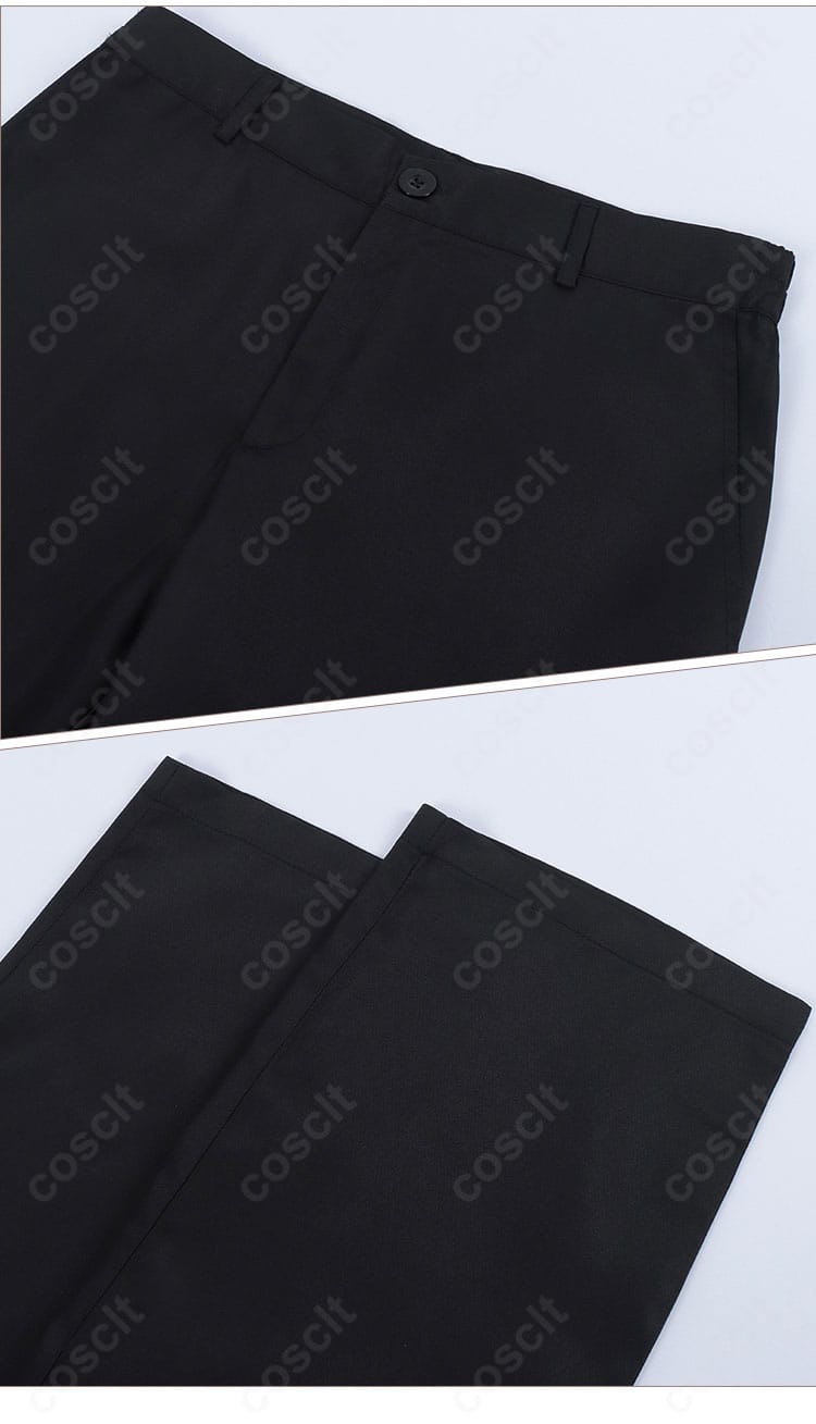 ズボンのディテール。センタープレスと生地の厚み、ウエスト周りの縫製が分かるセバスチャン衣装のパンツ。