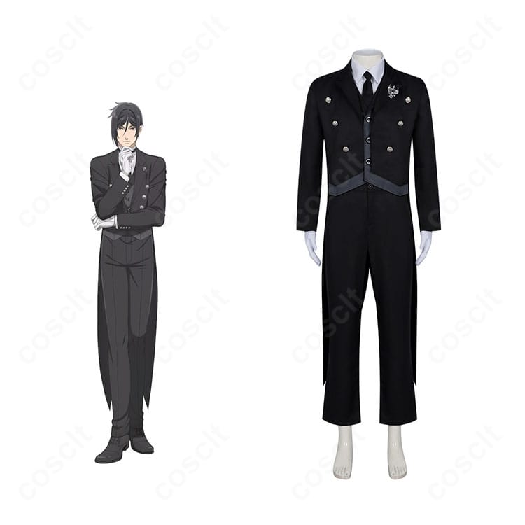 黒執事 セバスチャン・ミカエリス 緑の魔女編のコスプレ衣装正面とキャラクターイメージ。外套と執事服の端正な再現が分かる合成画像。