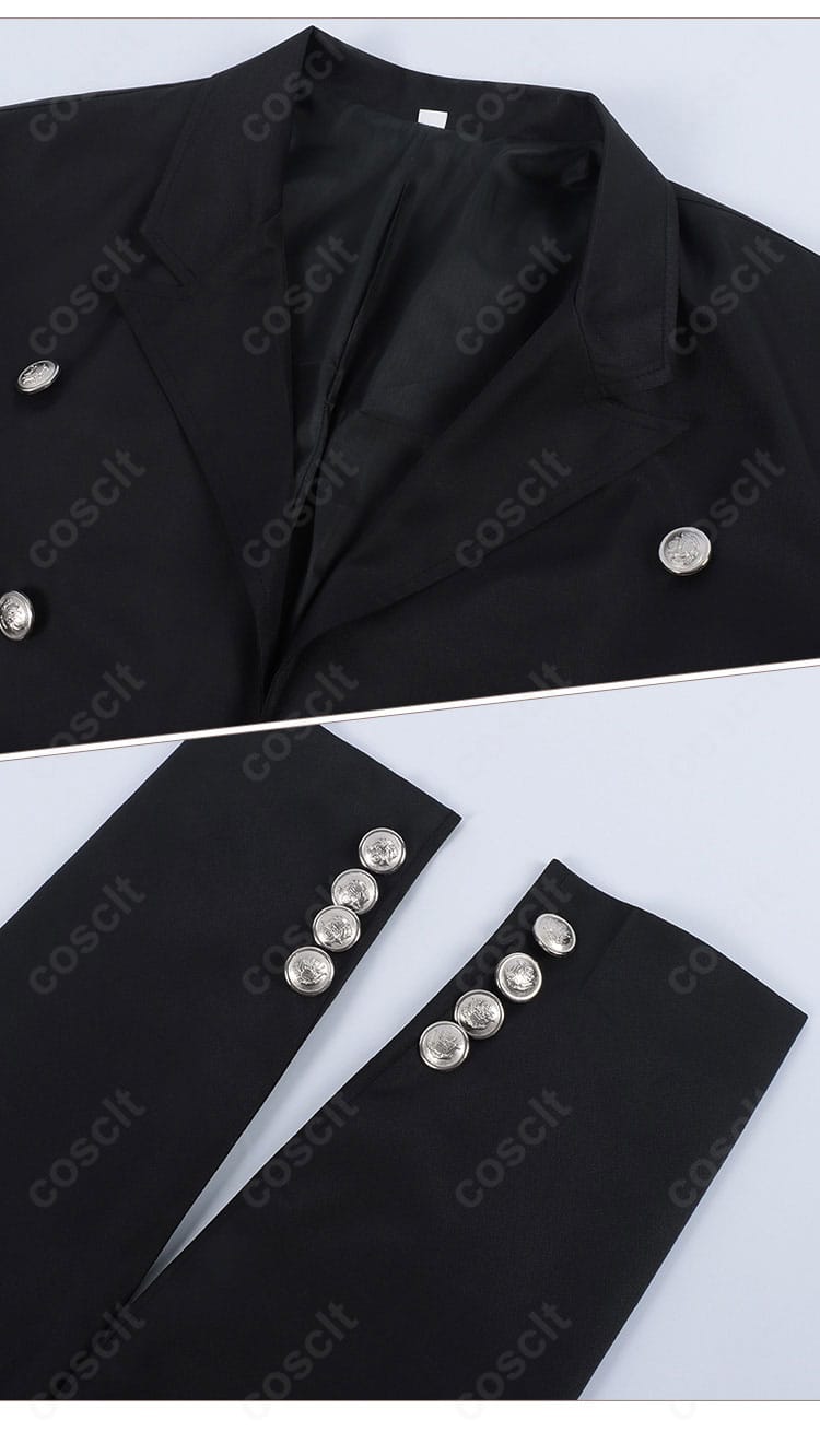 外套装飾のクローズアップ。刺繍のディテールとボタンの質感が映えるセバスチャン 緑の魔女編コート。