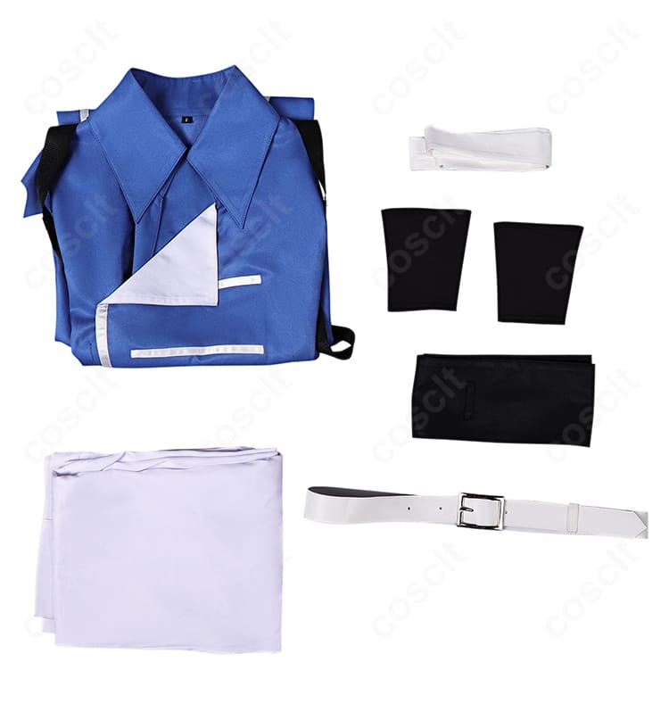 セット内容一式のレイアウト画像。ズボン・トップス・ベルト・リストバンド・帯・髪飾りを一覧で表示。