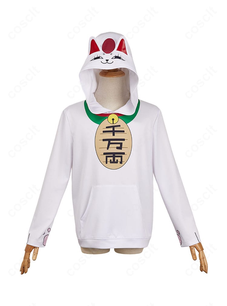 ダンダダン ターボババア 招き猫パーカーの正面。落ち着いた配色と装飾を再現し、通気性の良い薄手生地で仕上げたコスプレ衣装。