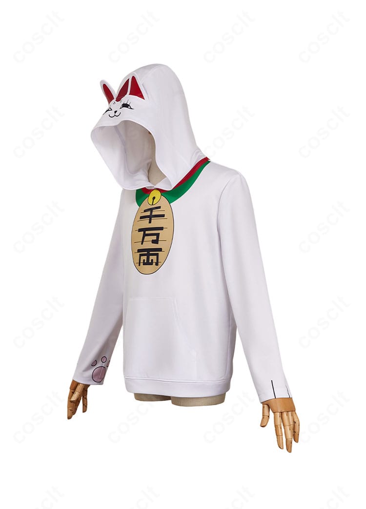 ターボババア 招き猫パーカーを右側から。フード縁や胸元のディテール配置が確認できるサイドビュー。