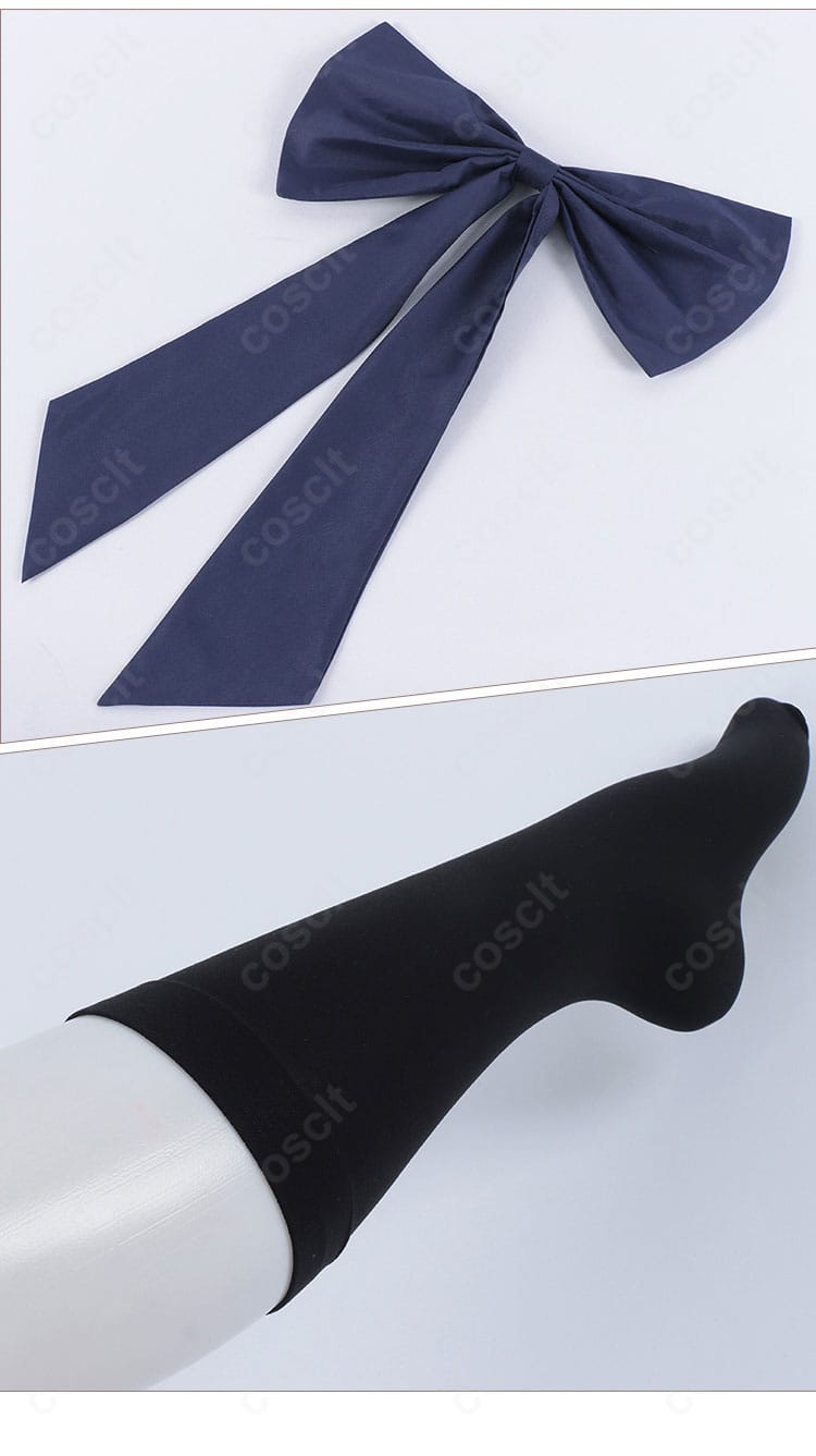 腰の蝶結びと靴下：ウエスト飾りの形状とソックスの質感を示すアクセサリー詳細画像