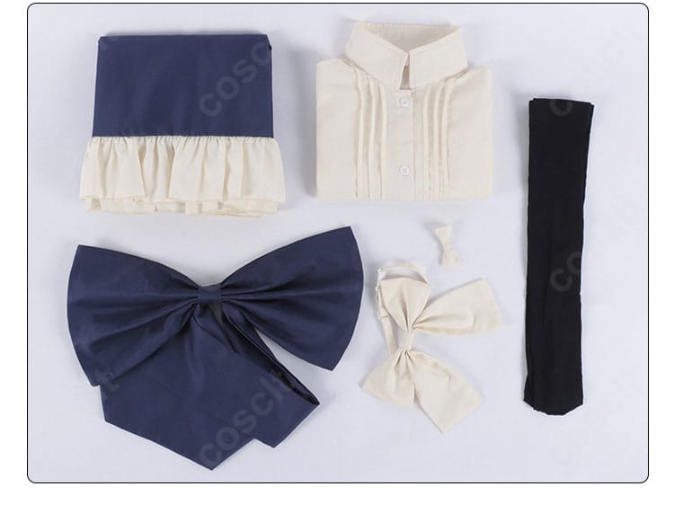 セット内容一覧：シャツ・スカート・スカーフ・背部蝶結び・靴下・髪飾りが一目で分かるフルセット画像