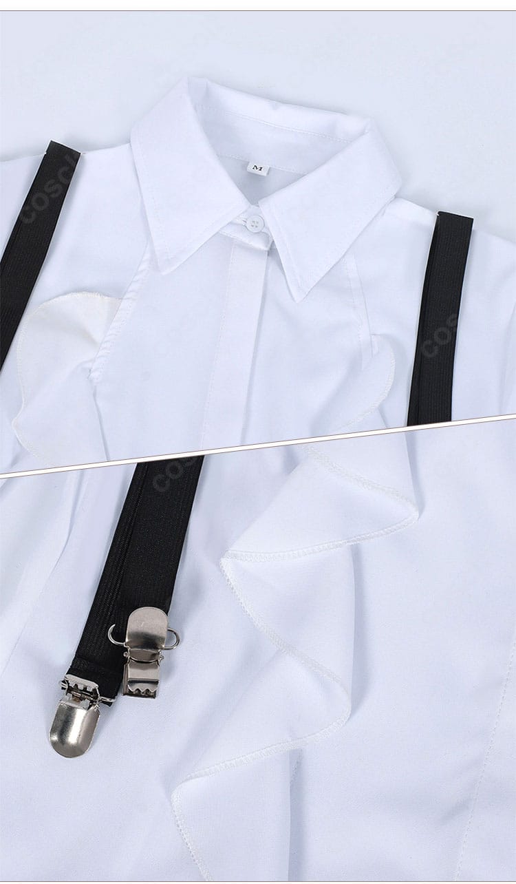 シャツとサスペンダー部分のクローズアップ。前立ての縫製やテープ使い、アクセントの配置が確認できます。