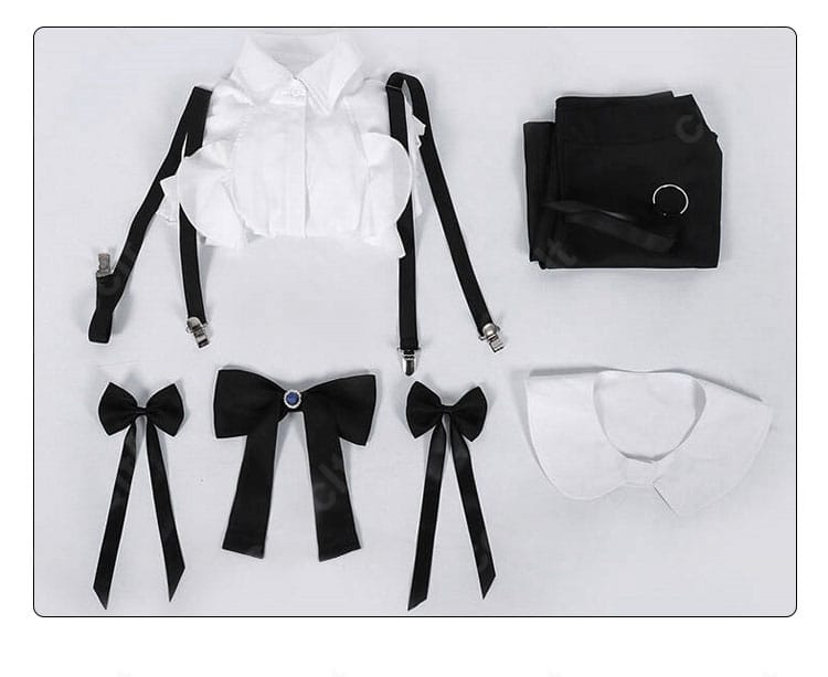 セット内容一式のレイアウト画像。シャツ、スカート、蝶ネクタイ、髪飾り、つけ襟が揃った構成を明確に示しています。