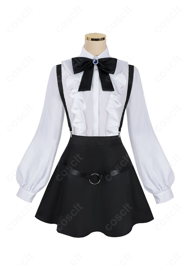 正面全体画像。シャツとスカートのシルエット、蝶ネクタイとつけ襟の配置、上品な落ち着いた配色を確認できます。