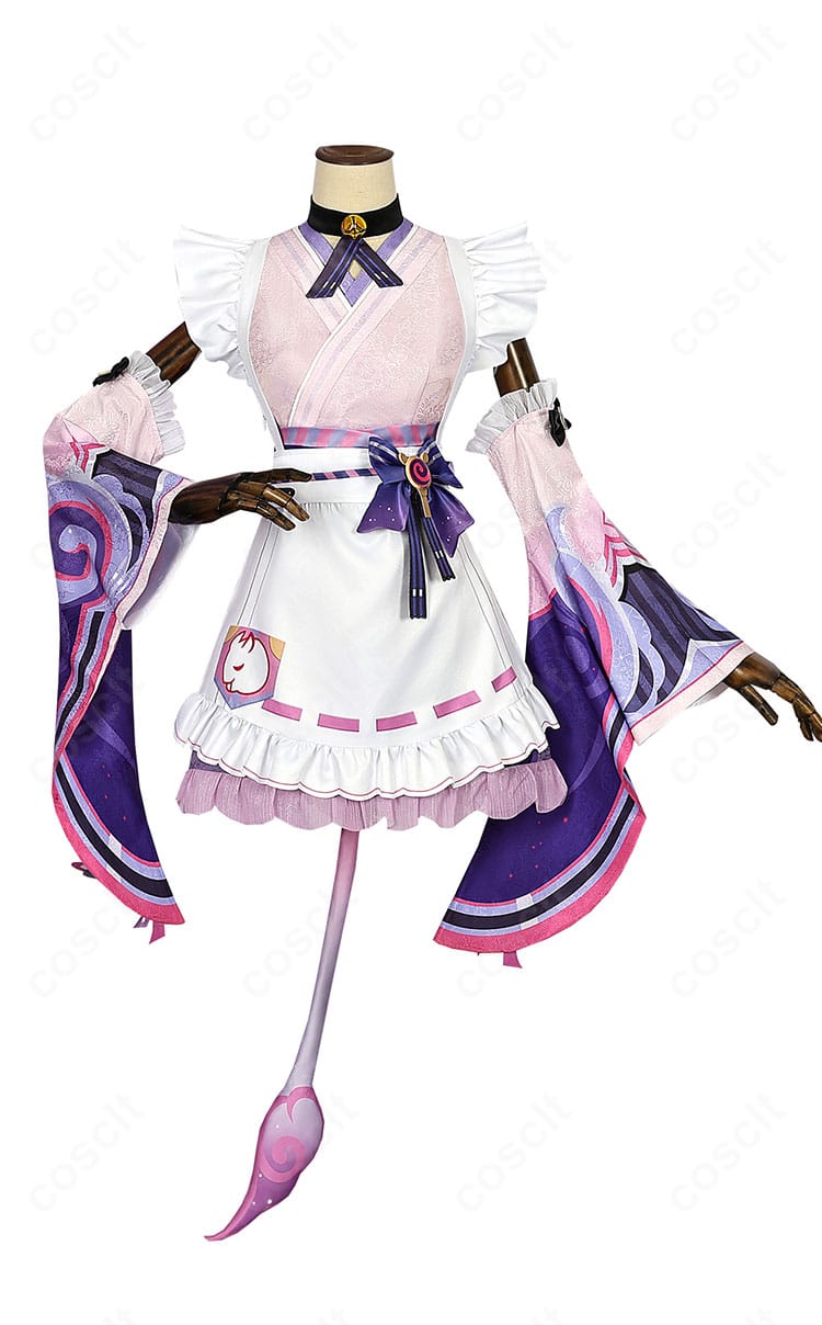 原神コスプレ衣装の正面アップ。エプロンや胸元の装飾、チョーカーなど細部の作り込みで世界観を表現。