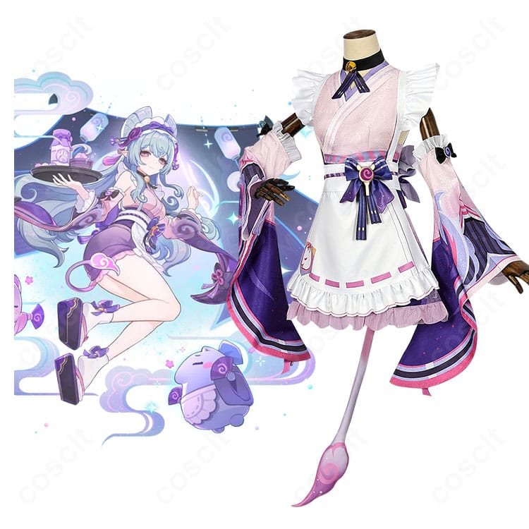 原神コスプレ衣装の正面とキャラクターイメージの比較。上品配色と装飾を備え、イベント・撮影で再現度を発揮するセット一式。