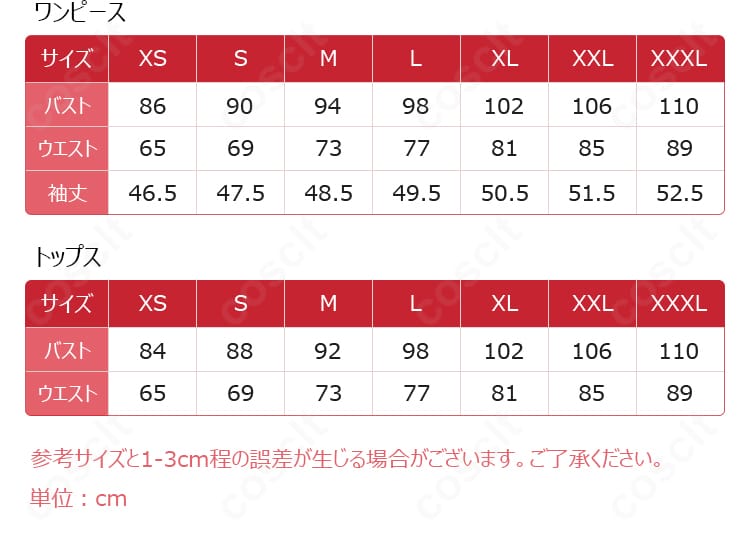 エミリア衣装のサイズ表。XS〜XXXLまでの着丈・バスト・ウエスト等の対応寸法を示し、適切サイズ選びをサポートする図。