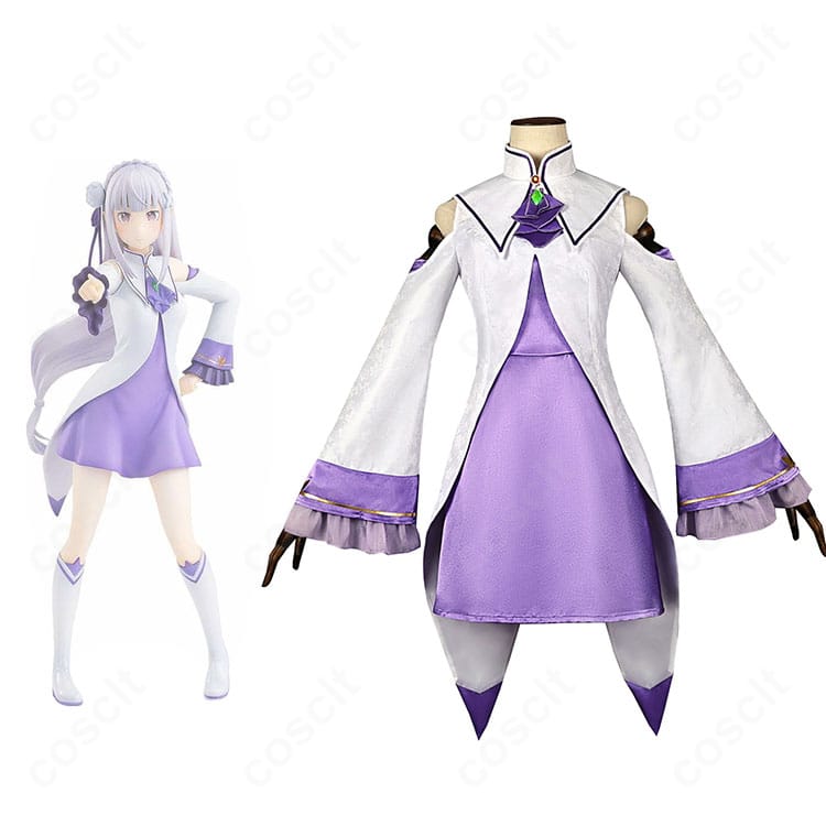 エミリアの公式ビジュアルと衣装実物の正面比較。白×薄紫配色や胸元デザイン、フリルまで忠実に再現したコスプレ衣装の全体像。