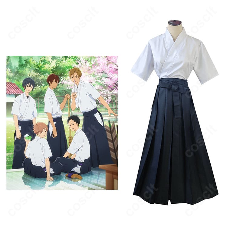 ツルネ 藤原愁の弓道着コスプレ正面とキャラ比較。落ち着いた色味と袴の落ち感まで忠実に再現した高再現モデル