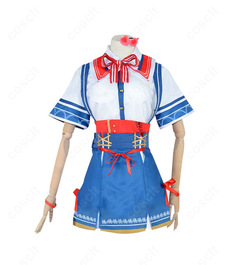 赤井はあと 通常衣装コスプレの正面全体像。トップスとスカートのバランス、スカーフの位置が確認できる。