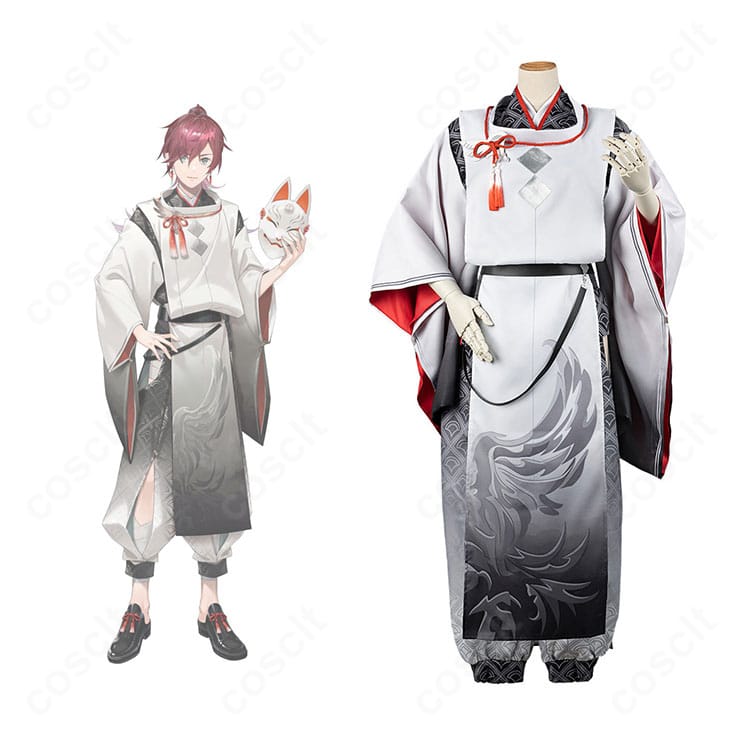 ローレン・イロアスと商品正面が並ぶ和服コスプレ一式。装飾と配色を忠実再現した全体イメージ。