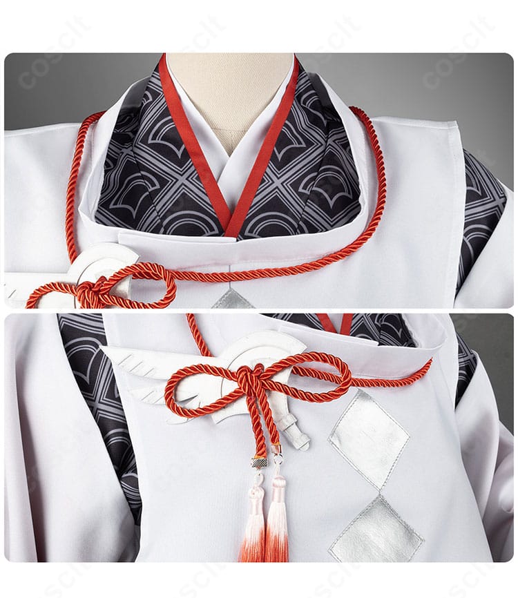 襟と紐飾りの近接写真。襟元の形状と紐の質感が和装らしさを強調。